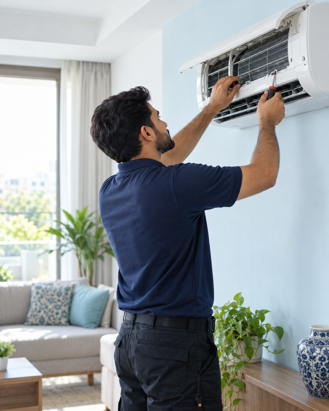 Illustrative image of an AC technician servicing a wall-mounted air conditioner