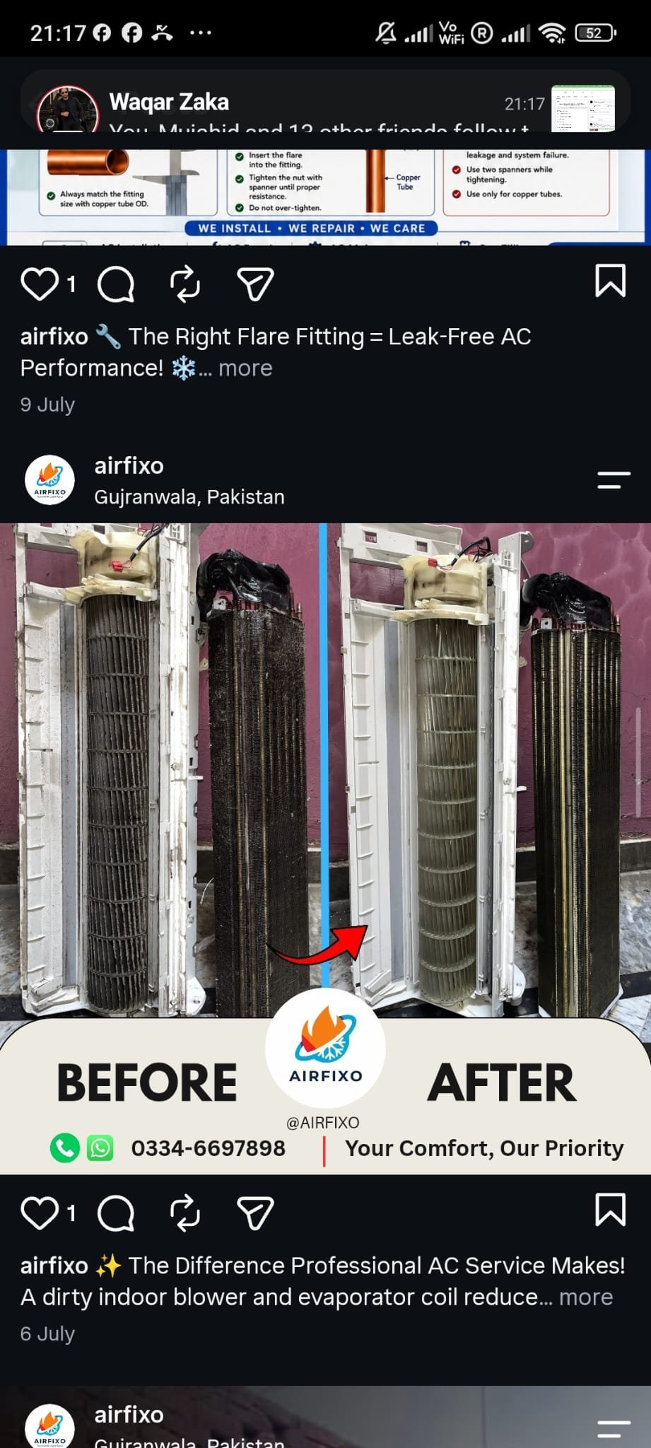 Before-and-after photographs of an indoor AC blower and evaporator coil cleaned by AirFixo